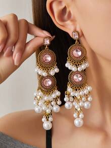 一对闪亮波西米亚风锌合金流苏仿珍珠耳坠，适合日常佩戴和节日场合 - 仿珍珠款 - 查看 5