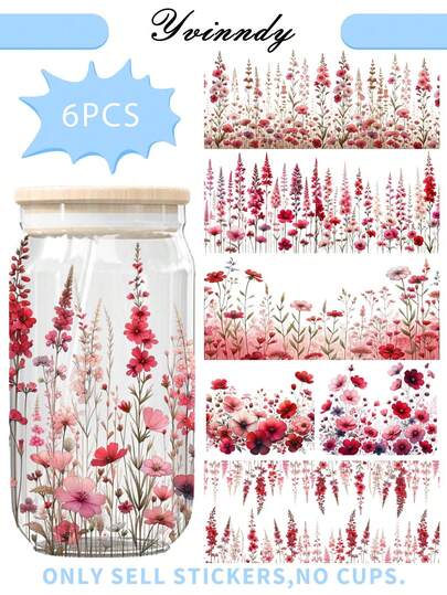 YVINNDY 6pcs Red Wild Flower UV DTF Transfer Stickers - Waterproof And Scratch-Resistant, Suitable For Cups, 16oz Cups, Bottles, Laptops And Refrigerators, Also For DIY And Personalized Decoration