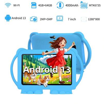 4GB RAM + 64GB ROM / 7-Inch Tablet / Quad-Core 1.3GHz / Android 13 MTK8321 / 1280x800 HD IPS Display / 2MP+5MP Camera / 4000mAh Battery / WiFi, Parental Control, Education, Gaming / ABS Plastic + Silicone, Education Tablet (Includes: Box, Cable, Manual, OTG, SIM Pin)