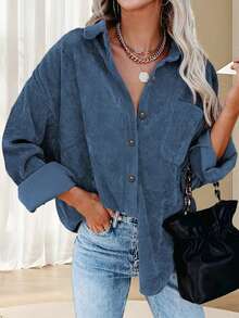 大码女式灯芯绒长袖休闲衬衫 春季款 - 藍色 - 查看 1