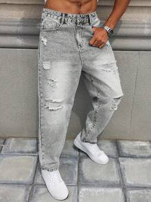 Plus Size Men's Fashionable Distressed Slant Pocket Washed Denim Jeans - Grey - View 3
