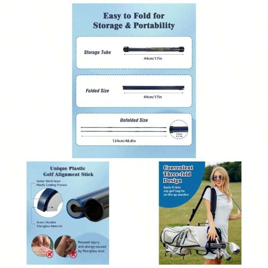 Alignment Sticks, 2 Pack Plastic 49 Inch Collapsible Alignment Stick Practice Rods Aid Aiming, Putting, Swing Trainer, Posture Corrector With Tube Case, Training Equipment - Blue - View 1