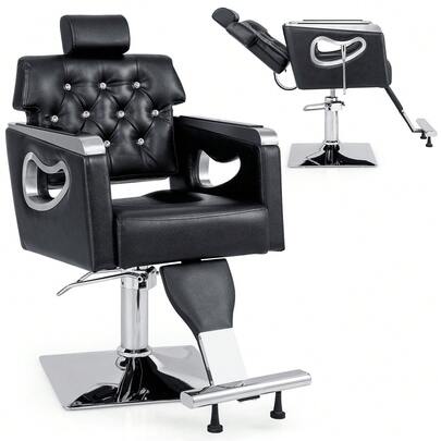  COSTWAY Reclining Barber Chair, Adjustable Styling Salon & Spa Equipment Chair, Swivel Modern Tufted Hair Stylist Chair With Tiltable Backrest & 6-Level Adjustable Headrest, Hydraulic Hair Cutting Chair, Black