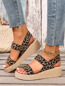 Sandalias de mujer con suela gruesa, estampado de leopardo y cordones, de punta abierta, sandalias casuales de playa para verano, versátiles - Caqui - Ver 2