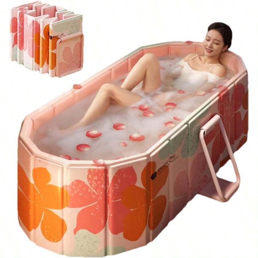 Portable Bathtub For Adult 47" Large Foldable No Installation Bath Tub For Shower Stall, Bathroom Hot SPA Soaking Standing Tub, Collapsible Plunge Bathtub (Pink, 47.2"*21.6"*19.6") - Pink - View 1