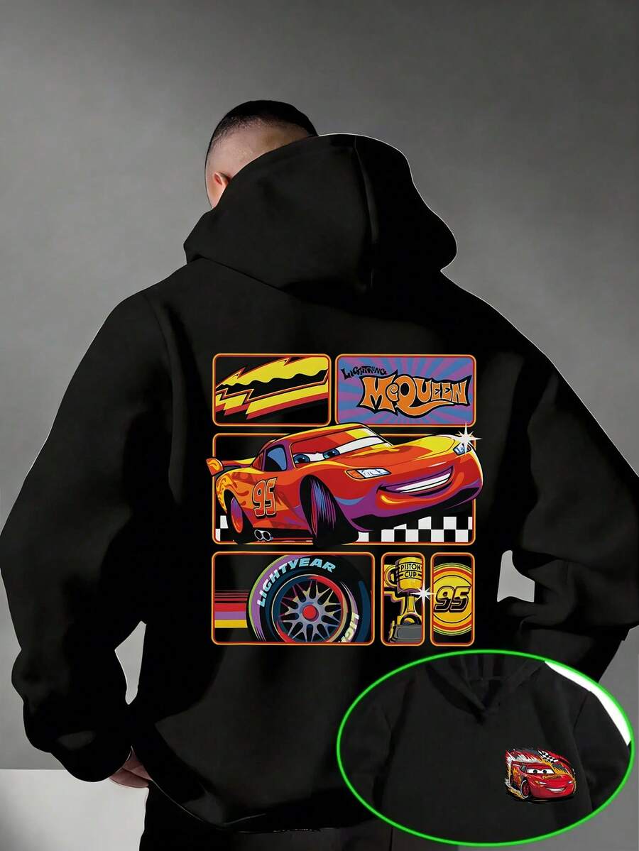 Disney Men's Casual Hoodie, Featuring The Racing Image Print Of Lightning McQueen From "Cars", With A Visual Tension Of Retro American Street Sports, Suitable For Daily Commuting, Friend Gatherings, Park Check-In And Other Scenes - Black - View 1