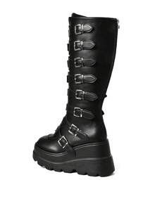 Gothic Knee High Boots For Women Wide Calf Round Toe Wedges Y2K Punk Platform Booties Metal Buckles Zipper Pull On Lug Sole Slip On Party Shoes Wedding Nightclub Concert Colsplay Gladiator Motorcycle Riding Business Casual Easter Spring Summer Womens Tall Combat Boots Black Boots - màu đen - Xem 5