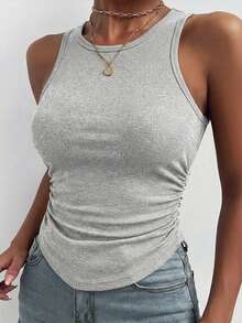 ChicMe Canotta da donna con collo rotondo, senza maniche, con pieghe laterali e texture, modello aderente, moda classica, casual, adatta per tutte le stagioni, estiva - Grigio - Visualizzare 5