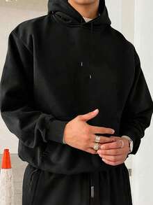 Envío dentro del país, entrega al día siguiente. Sudadera con capucha para hombres, diseño de estampado moderno, apta para primavera y otoño, estilo deportivo y casual, corte amplio y versátil, sudadera con capucha. - Negro - Ver 2