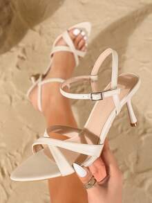 On feet& in love 女士时尚优雅尖头交叉绑带高跟凉鞋，适合搭配连衣裙和婚礼服饰 - 杏色 - 查看 2