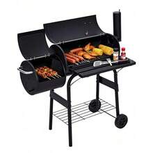 Charcoal Grills With Offset Smoker, Outdoor BBQ Grill With Handle And Wheels, Barrel Barbecure Smoker Grill Combo For Camping Picnic Patio Backyard Party - Black - View 1
