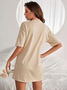 Mother's Day Slogan Graphic Drop Shoulder Pajama Night Dress, Moo Moo Night Dress, Women's Dress, With Pockets, Foldable Cuffs, Round Neck, Short Sleeves, Suitable For Spring And Summer Wear, An Elegant Short Dress, Women's Clothing, Women's Dress, Women's Short Dress. - Màu be - Xem 4