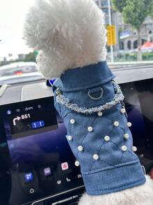 PETCIRCLE 1件宠物衣服，欧美风格，适合小型犬和幼犬，时尚可爱舒适的珍珠链装饰外套 - 藍色 - 查看 3