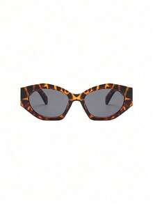 1pc Asymmetrical Polygon Shaped Fashion Glasses, Minimalist Versatile Fashion Eyewear For Women - Leopard Gray - View 3