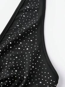 Women's Halter Bodysuit Stylish Hot-fix Rhinestone Design Slim Fit Deep V Neck Romper - Negro - Ver 8