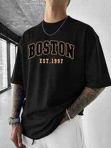Simple Studio | Men's Summer Boston Letter Print Round Neck Short Sleeve T-Shirt - Black - View 2