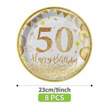 50th Birthday Gold Glitter Balloons, Disposable Plates, Napkins, Cups - One-Time Party Supplies Set, Suitable For 8 Guests, Disposable Paper Plates Party Tableware For Birthday, Wedding, Theme Party, Family Picnic - Multicolor - View 10