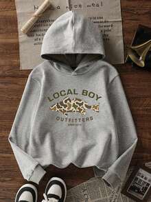 Tween Boy One-Piece Fish Print Casual Hooded Sweatshirt, Suitable For Young Students And Children, Autumn And Winter Long-Sleeved Top, Gift For Kids - 深花灰 - 查看 1