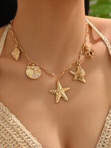 1 pieza Collar colgante con estilo de océano de verano, joyería de metal con estrella de mar, concha y pulpo de moda para vacaciones en la playa, adecuado para uso diario, viajes a la playa y sesiones de fotos - Multicolor - Ver 7