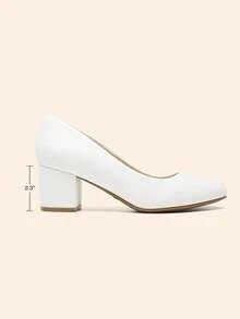 Wide Fit Women's Pumps Low Chunky Block Heel Dress Shoes Closed Round Toe Comfortable Heels - trắng - Xem 5
