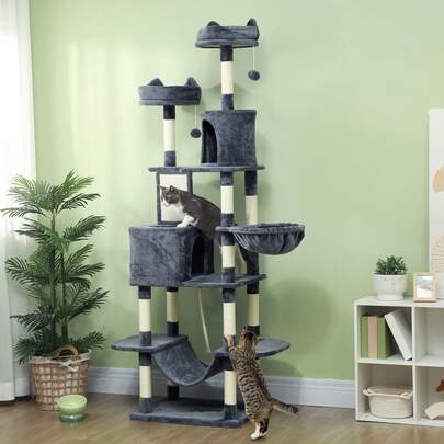 PawHut Árvore grande para arranhar para gatos, altura 206 cm, árvore para gatos, torre com plataformas, cavernas, bolas suspensas e redes