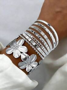 5/1pc Vintage Elegant Bohemian Style Delicate Floral Plain Twisted Geometric Open Bangle Bracelet Set, Suitable For Women's Daily, Party, Holiday, Beach Wear, Accessory, Perfect Gift - Silver - View 4
