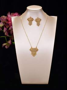 3pcs/Set Vintage Hollow Carved Copper Plated Gold Faux Pearl Tassel Necklace & Earrings Set, For Women Wedding Party Holiday Accessories - Yellow Gold - View 8