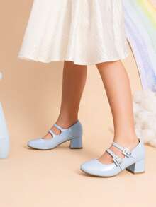Girls Dress Shoes Mary Jane Double Straps High Heel Easter Wedding Party Church Princess Communion Pumps For Little/Big Kids - 淺藍色 - 查看 1