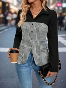 Blusa de manga larga elegante para mujer, minimalista y elegante para el trayecto y el uso diario, ropa de primavera, camisa social para damas, camisa negra - blanco negro - Ver 1