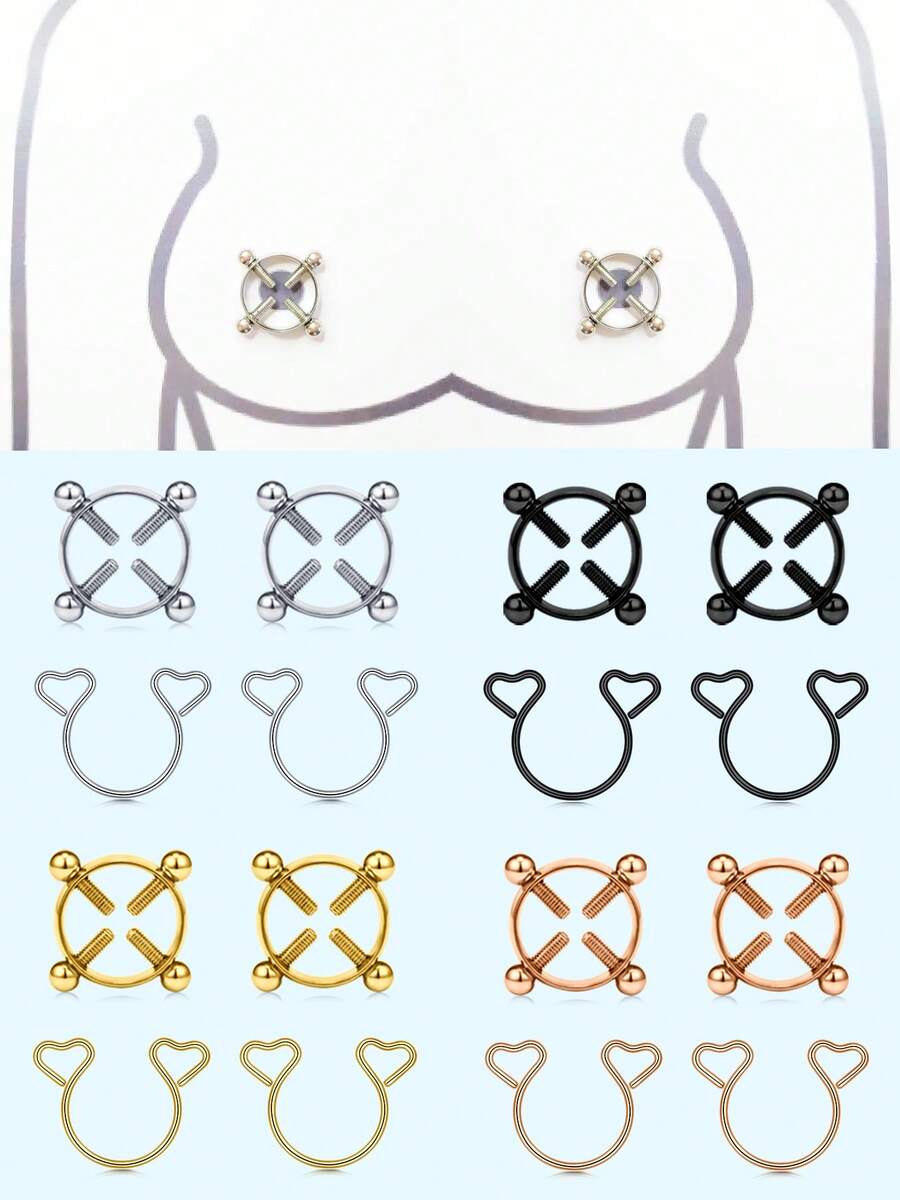 2对不锈钢可调节夹式耳环，简约心形仿乳环，女士身体饰品 - Fake Nipple Ring - 查看 1