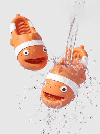 卡通可爱鱼形露趾拖鞋，舒适家居鞋，适合室内、浴室、卧室、户外、海滩穿着，时尚女士夏季凉鞋，可爱金鱼图案，女士凉鞋，女士塑料拖鞋，防滑舒适平底回弹鞋底，橙色拖鞋