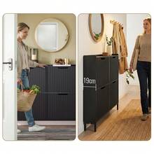 SoBuy Kệ giày có 4 cánh, Tủ giày hẹp, Kệ giày có 4 ngăn, Tủ đựng giày có ngăn kéo, Tủ đựng giày, Màu đen, Rộng x Cao x Sâu Xấp xỉ 100 X 91 X 19 Cm FSR177-L-SCH - màu đen - Xem 5