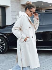 Damen-Trenchcoat mit doppelter Knopfleiste, knielang, normale Passform, Polyestergewebe, glattes Futter, Seitentaschen, klassischer Stil. - Beige - Übersicht 4