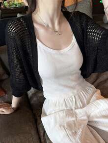 Black Hollow Out Knit Cover Up For Women, Lightweight Long Sleeve Sheer Sun Protection Batwing Sleeve Top, Spring/Summer - Black - View 3