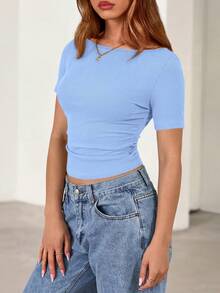 Fall New Arrival Women's Long-Sleeve Top Crop-Top Style Casual Outerwear Boat Neck With Bell Sleeves Ribbed Pleated Design Millennial-Inspired Fashion - 淺藍 - 查看 4