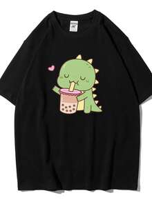 Green Little Dinosaur Loves Pearl Milk Tea Design Man Cotton Tops Summer Clothing Shoulder Drop Tee Tops Mens T-Shirt - Black 1 - View 1