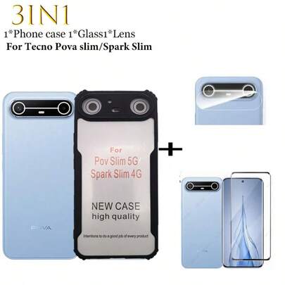 适用于 Te Cno Pova Slim/Spark Silm 的亚克力手机壳，防震，透明，坚固耐用，磨砂防黄变，搭配 9H 硬度钢化玻璃屏幕保护膜，防刮花，防裂，无气泡，适用于游戏、户外、学校、旅行等场景，另含镜头膜，3 件装超值套装 - 简易安装套件