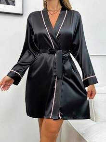 Women's Solid Color Elegant Waist Tie Short Lightweight Bathrobe, Silky Soft Comfortable Bathrobe, Pink Comfortable Bathrobe - Black - View 5