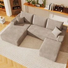 94" U Shaped Cloud Sectional Sofa With Ottoman Modern Minimalist Plush Corduroy Deep Seat No Assembly Corner Couch - 駝色 左邊 - 查看 8