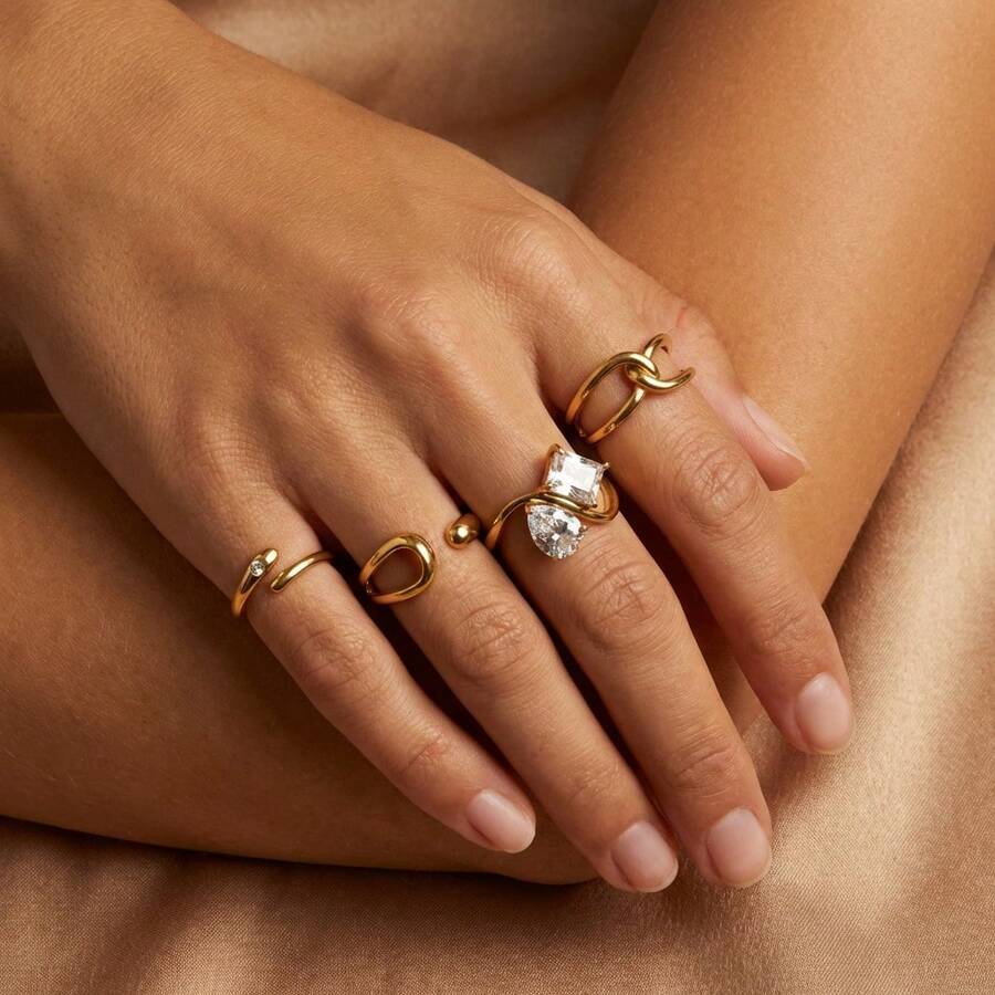 1枚锆石蛇形水滴方形戒指，适合女士日常佩戴 - 不銹鋼戒指 - 查看 1