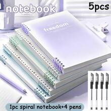Bộ 5 món, gồm 1 sổ tay lò xo + 4 bút - Sổ tay rời nhiều màu sắc, khổ A5/B5, 60 trang, gáy lò xo có thể tháo rời, thích hợp cho trường học, văn phòng, làm nhật ký hoặc quà tặng ngày lễ. - 1 Set - Xem 12