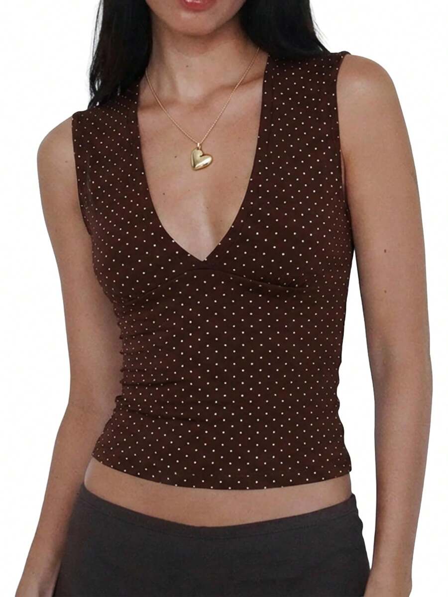 Women Deep V Neck Tops Sexy Sleeveless Crop Top Stretchy Going Out Tank Top Cute Summer Clothes - 棕色 - 查看 1