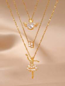 GEREIT 3pcs Fashionable Casual Heart-Shaped Cubic Zirconia Inlaid Necklace Set For Women, Creative Personalized Party Gift - Multicolor - View 5