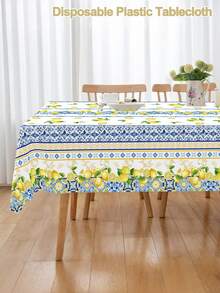 1 pieza Mantel desechable de limón - 137x183cm Cubierta de mesa rectangular con patrón geométrico azul de PE, adecuado para bodas, fiestas, cumpleaños, despedida de soltera, graduación, bautizo, banquetes, fiesta de primavera y verano, decoración del hogar, accesorios de cocina - Multicolor - Ver 10