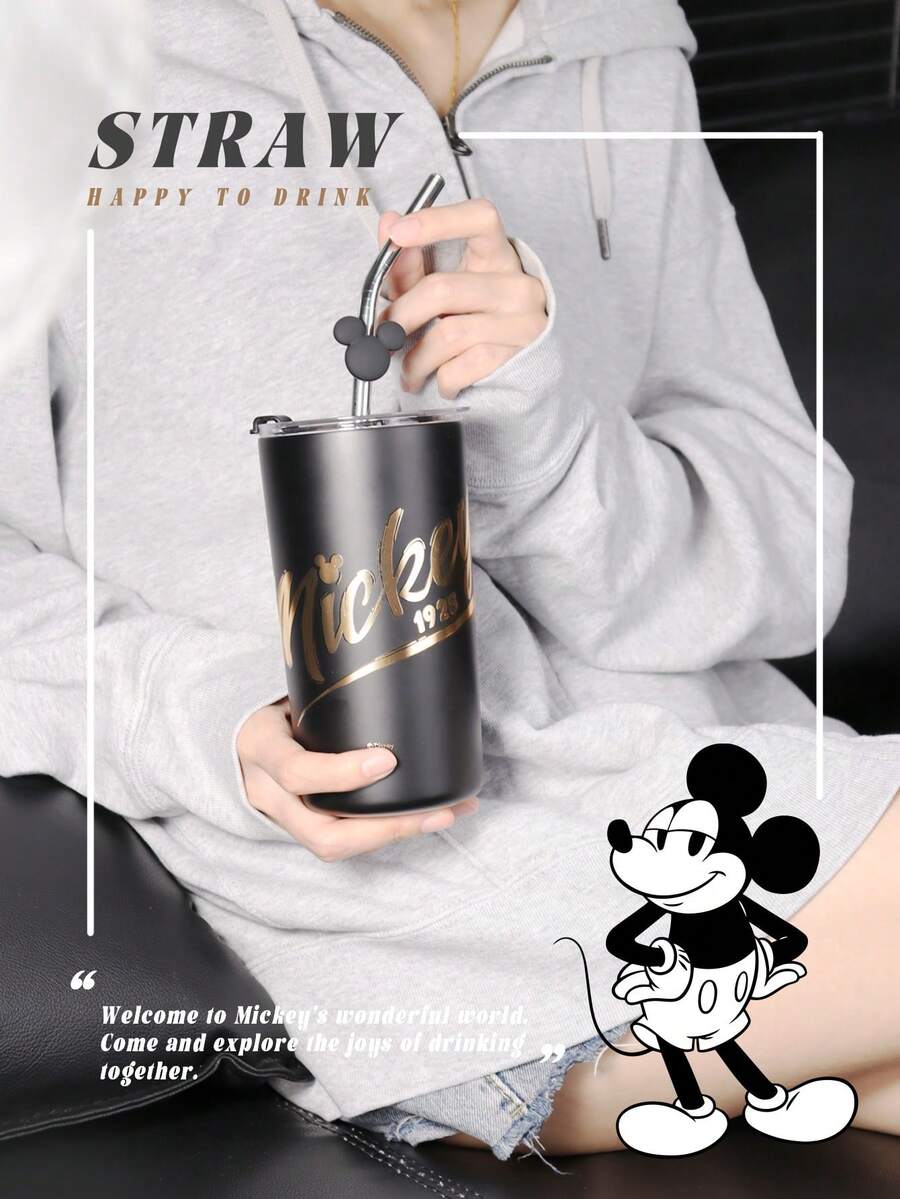 Disney Mickey Mouse Cartoon Cute 316 Stainless Steel Portable Drinking Cup With Straw, 480ml Double-Wall Vacuum Insulated Tumbler
