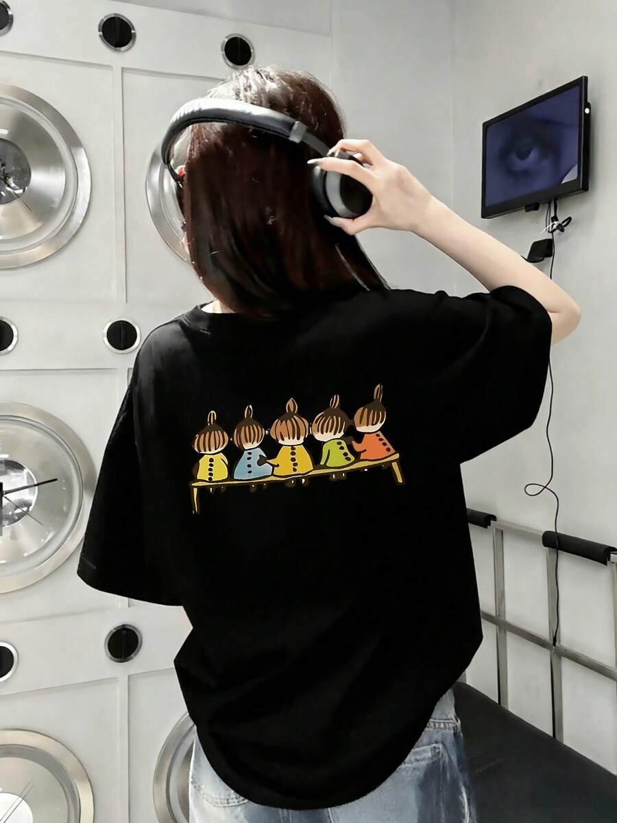 New Summer Z-Gen Y2K Style Women Funny Cartoon Print Crew Neck Short Sleeve T-Shirt - Black - View 1