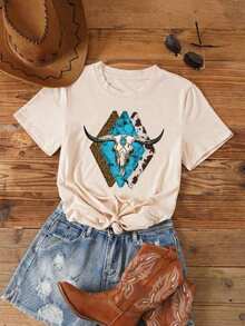 T-Shirt With Geometric & Livestock Print - White - View 7