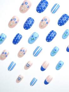 24pcs Oval-Shaped Spring/Summer Polka Dot, Striped, Floral Pattern Short Nail Stickers, Suitable For Fashionable Girls, Career Women, Parties, Dates, Daily Wear And Special Occasions Press On Nails - Multicolor - View 4
