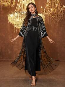 SUPGIR [Random Print] Women's Long Sleeve Sequin Patchwork Waist Tie Evening Dress - Black - View 4