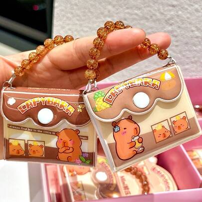1pc Cute Capybara Mini Pocket Notebook With Beaded Chain, Portable Cartoon Flip Notepad, Interesting Small Diary